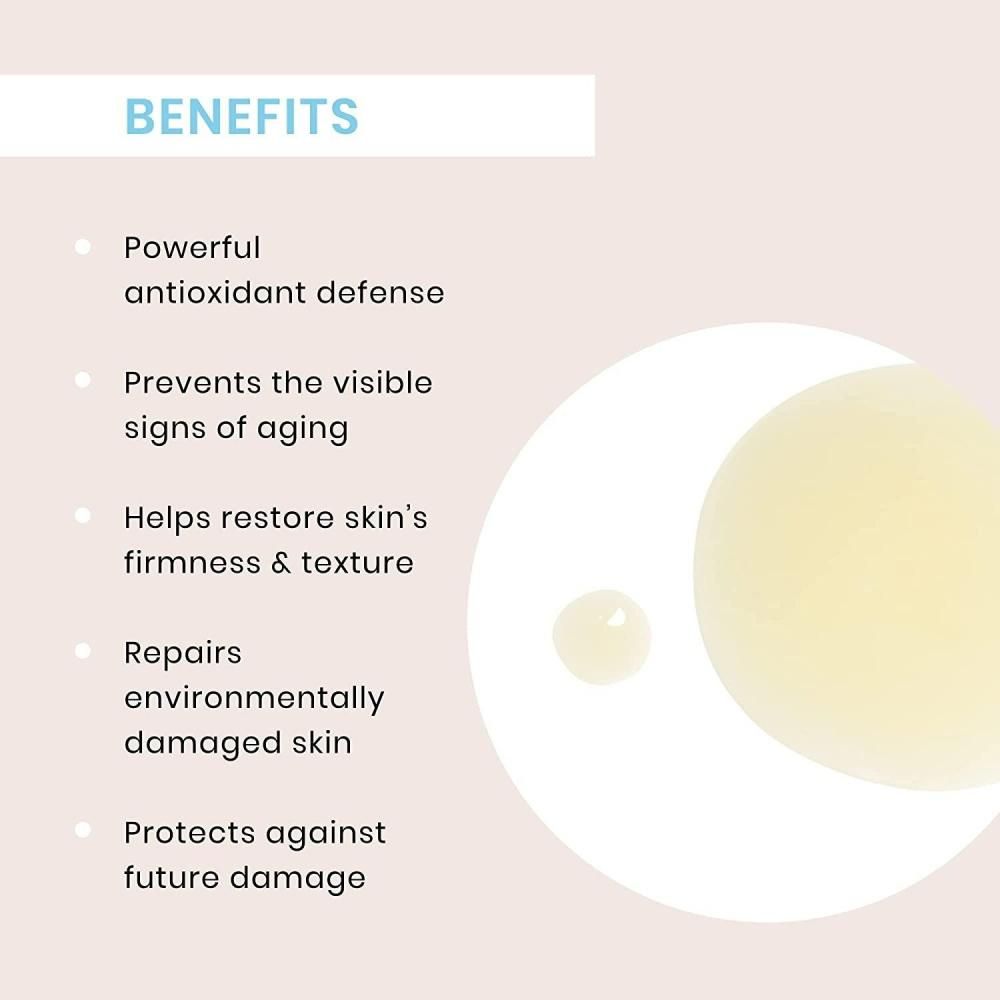 Tekst: Voordelen, antioxidantbescherming, voorkomt veroudering, herstelt stevigheid, herstelt schade, beschermt.