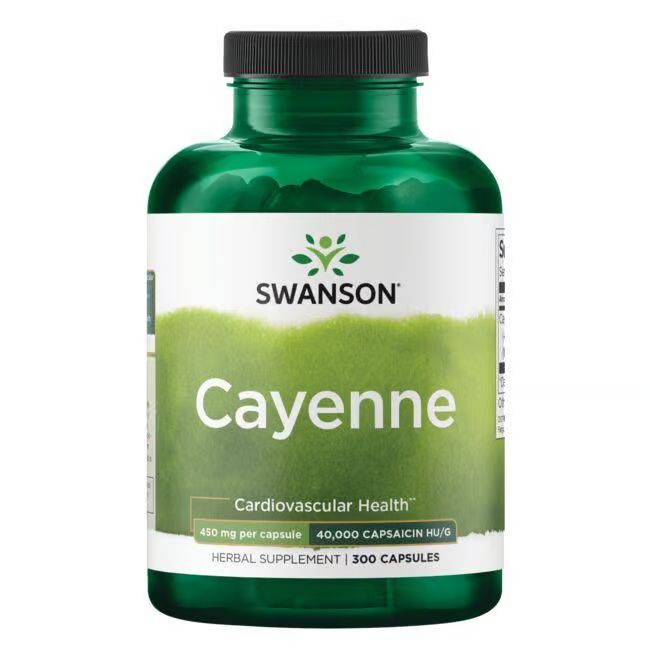 Flacon vert avec bouchon noir. Inscription: SWANSON Cayenne, 450 mg par capsule, 300 capsules. Fond vert et blanc.