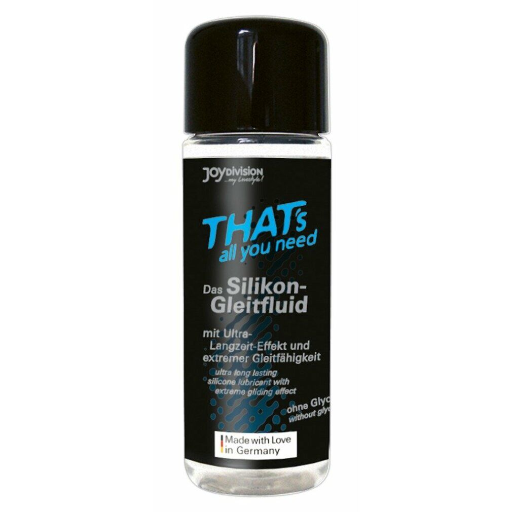 Flacon transparent avec bouchon noir. Inscription: THAT's all you need. Texte: Das Silikon-Gleitfluid. Made with Love in Germany.