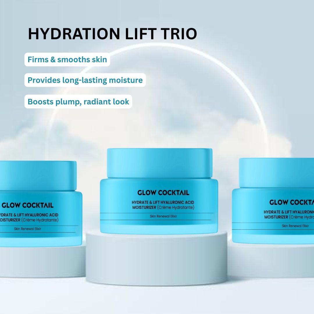 Trois pots bleus sur socle. Inscription : Glow Cocktail, Hydrate & Lift Hyaluronic Acid Moisturizer. Skin Renewal Elixir.
