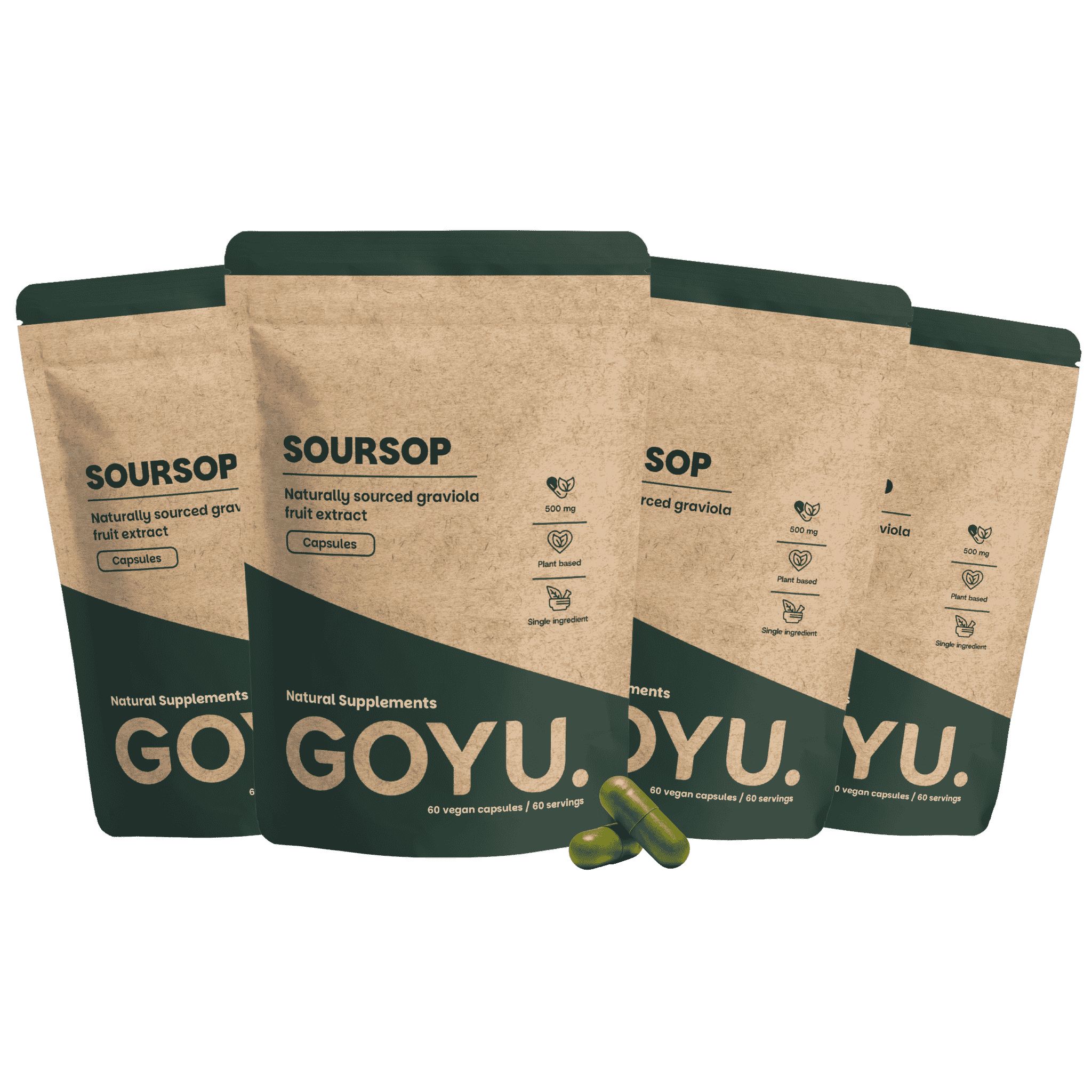 Vier bruine zakjes met Soursop-capsules, twee vooraan, twee achteraan.