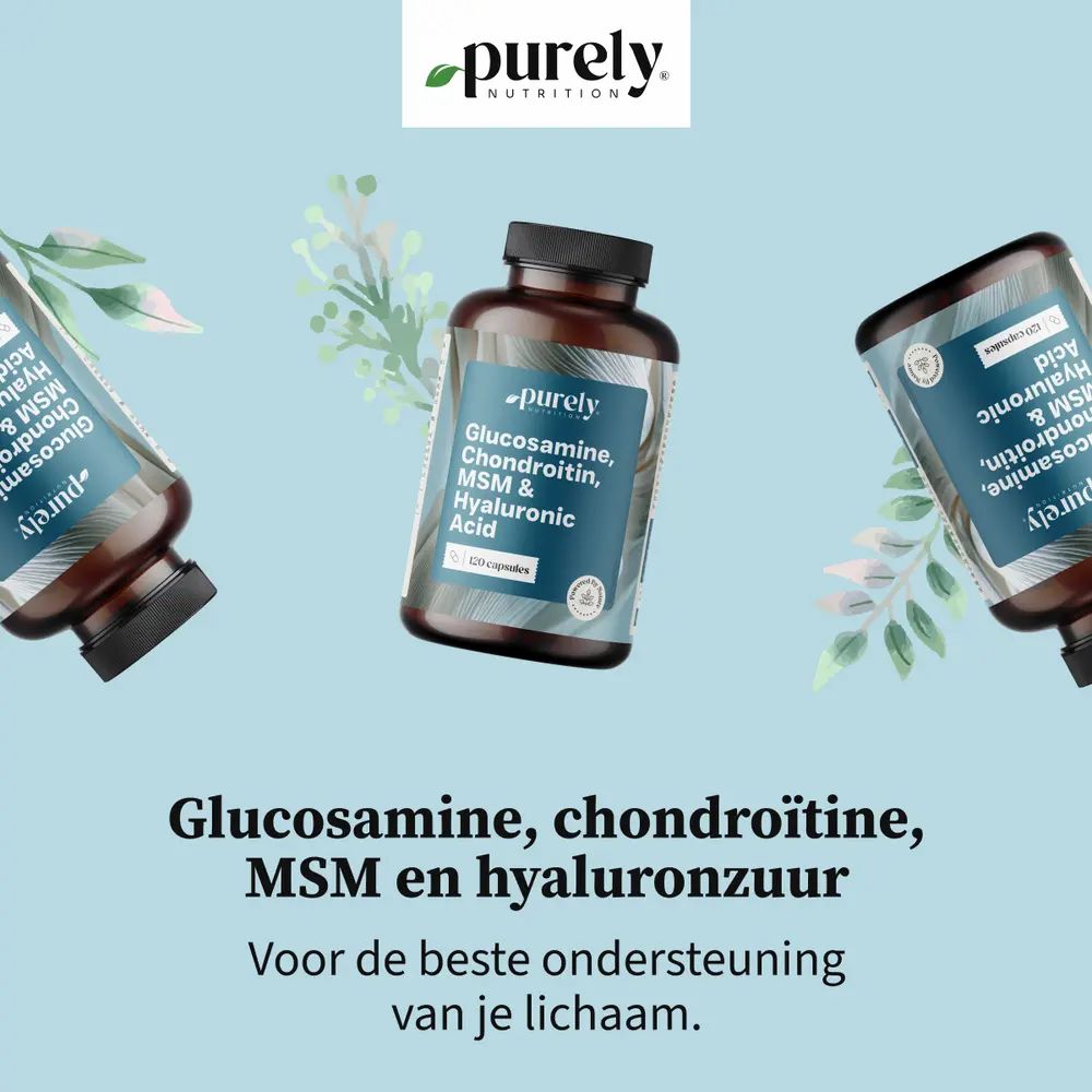Drie flessen met capsules. Opschrift: Purely, Glucosamine, Chondroïtine, MSM & Hyaluronzuur. Tekst: Voor de beste ondersteuning.