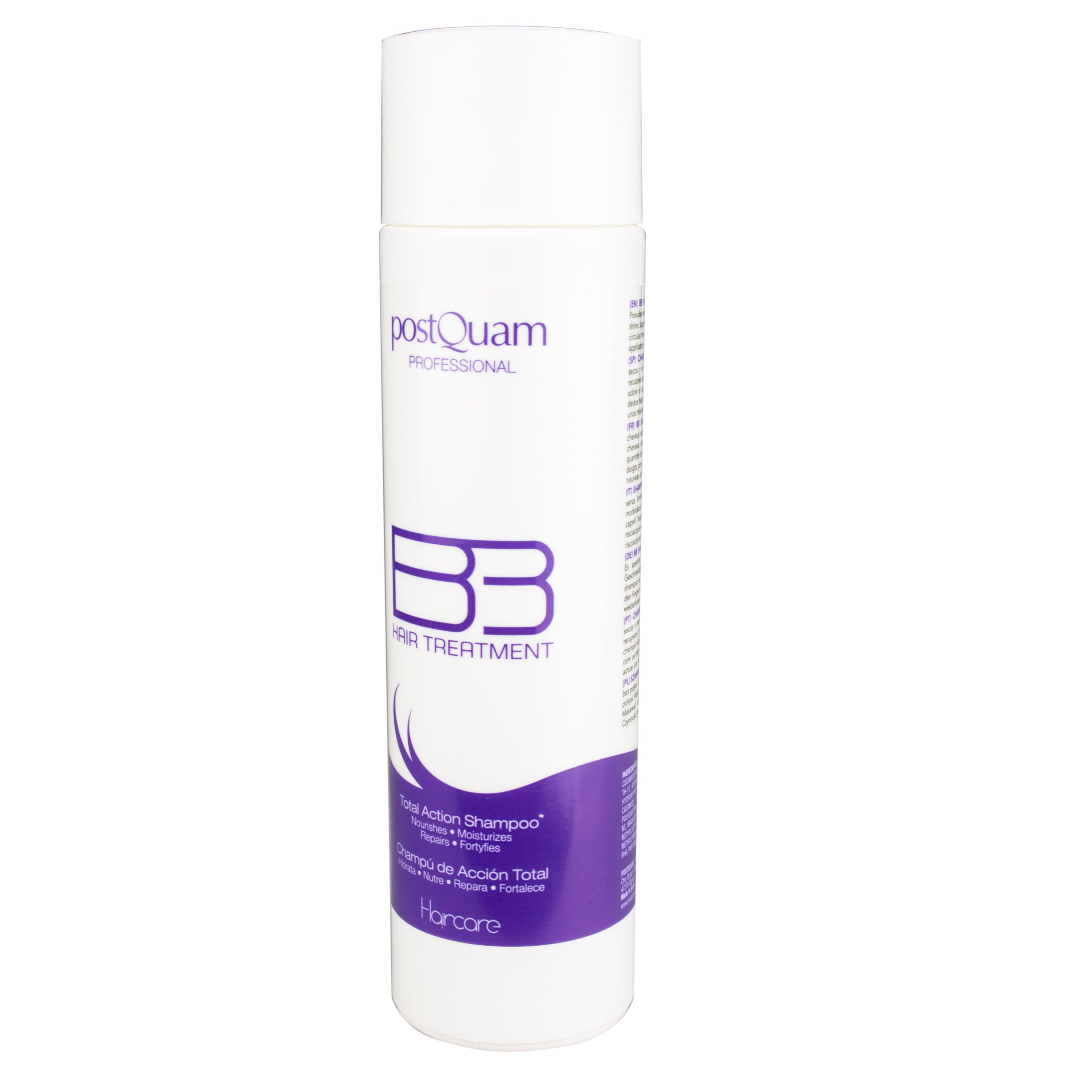 Flacon blanc avec étiquette violette. Inscription : Postquam Professional, BB Hair Treatment. Contient du texte en plusieurs langues.