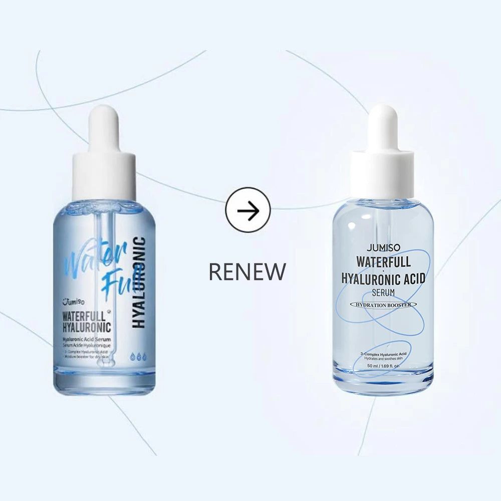 Twee flessen JUMISO Waterfull Hyaluronic Acid Serum, één staand, één liggend, met waterdruppel-bollen.