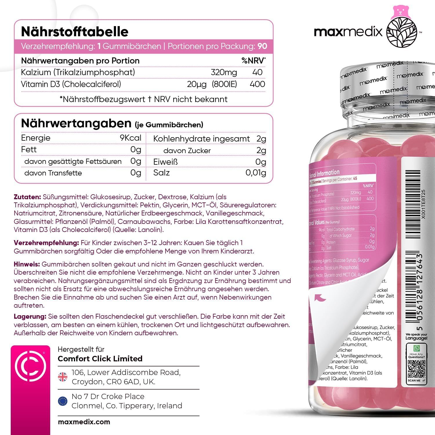 Voedingstabel en fles gummies. Tekst: maxmedix. 90 gummies. 320mg Calcium, 20µg Vitamine D3.