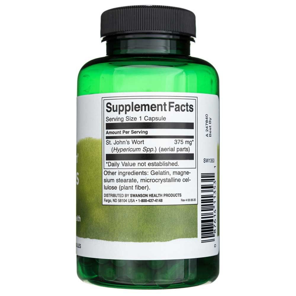 Arrière de la gélule verte : Supplement Facts, St. John's Wort 375 mg, 120 gélules.