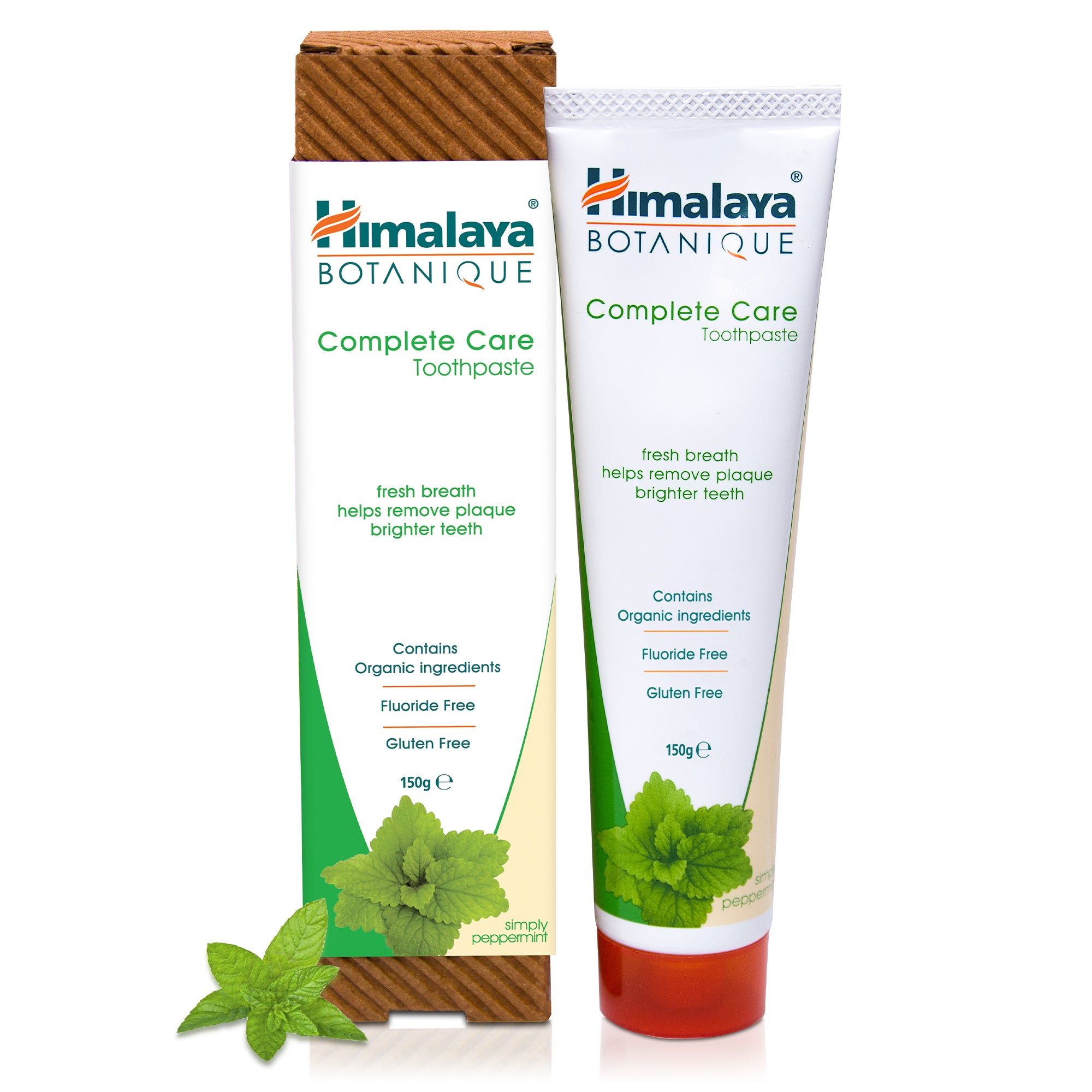 Tube et boîte de dentifrice. Elles affichent "Himalaya Botanique Complete Care". Contient des ingrédients bio, sans fluor ni gluten.