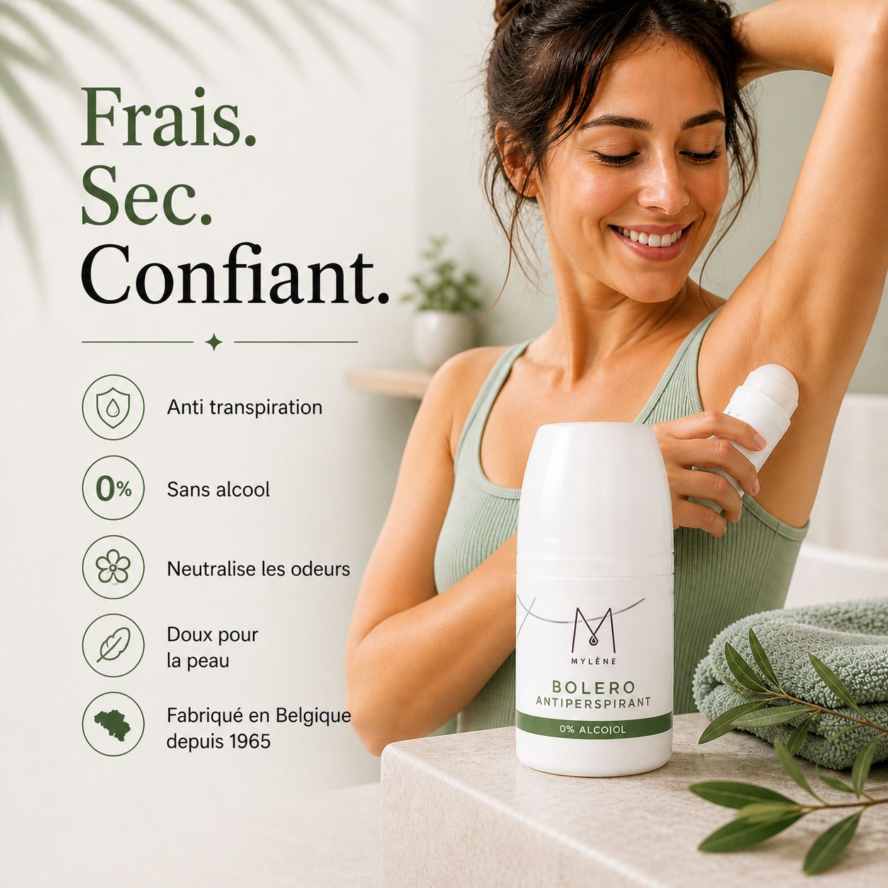 Femme utilisant un déodorant roll-on. Texte : Frais. Sec. Confiant. Logos : Anti-transpiration, 0% Sans alcool, etc.