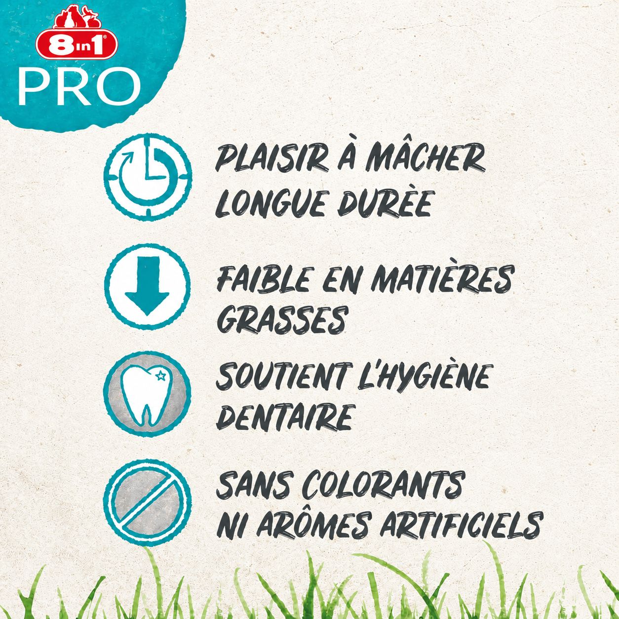 8in1 PRO : Plaisir à mâcher longue durée, faible en matières grasses, soutient l'hygiène dentaire, sans colorants ni arômes artificiels.