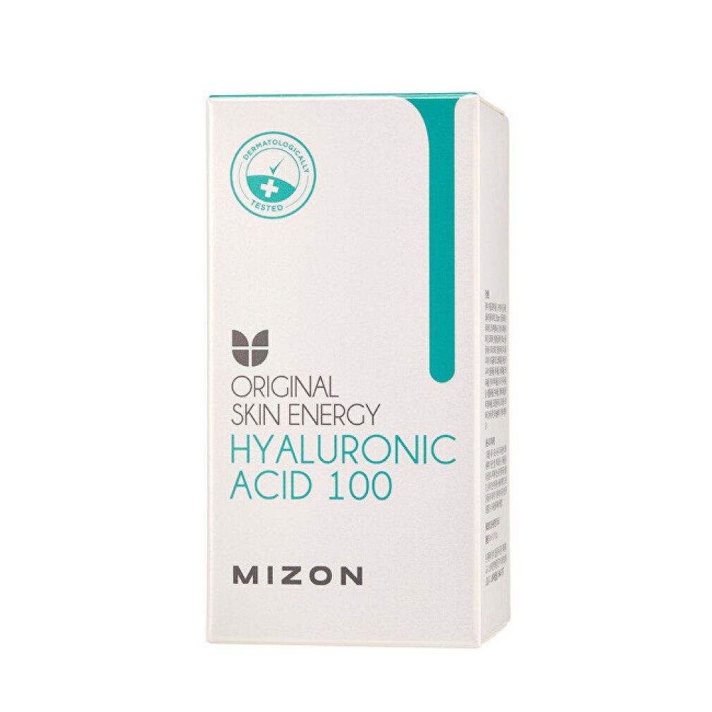 Emballage blanc avec ligne verte et inscription : Original Skin Energy Hyaluronic Acid 100. Marque Mizon. Testé dermatologiquement.