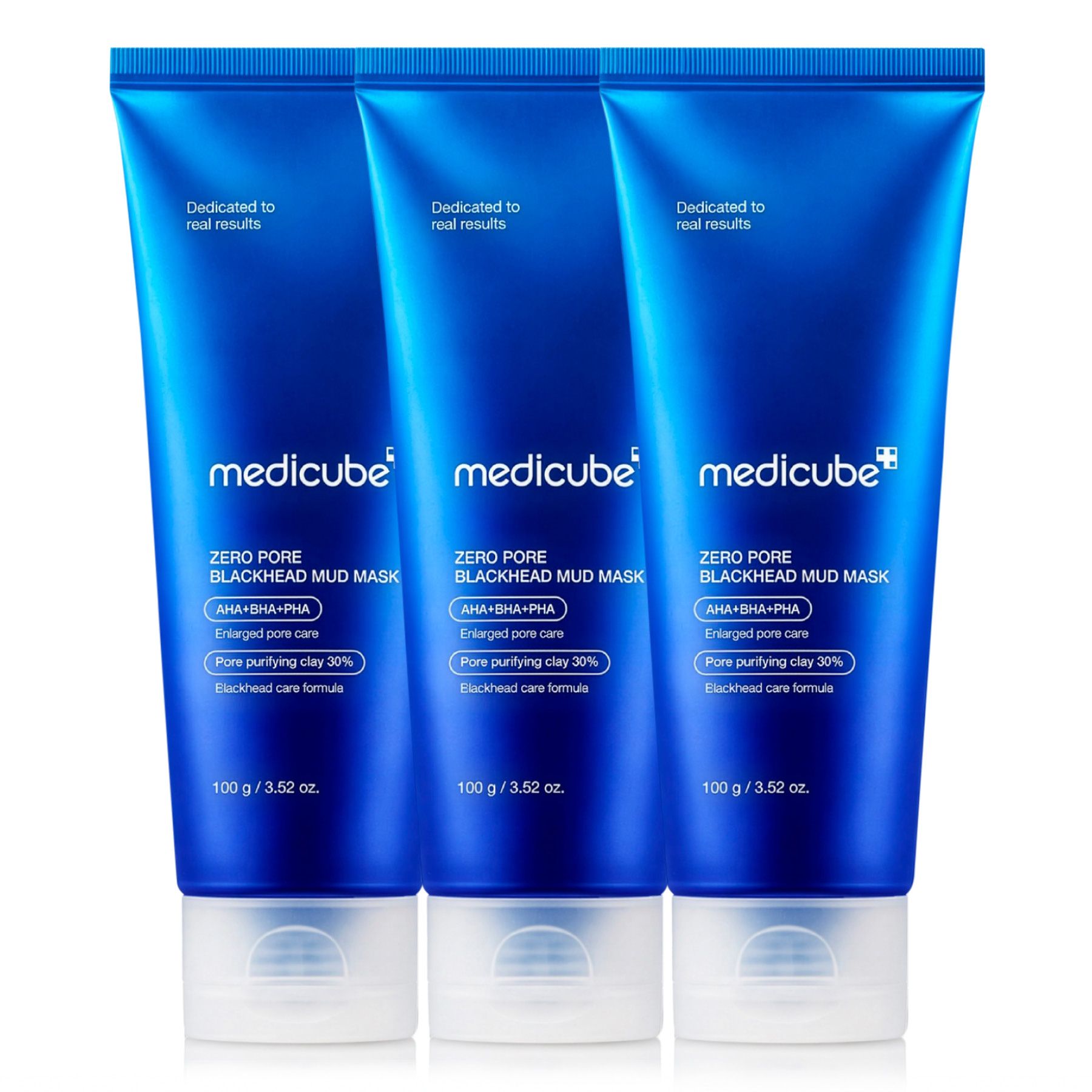 Trois tubes bleus de Medicube Zero Pore Blackhead Mud Mask, chacun 100g.