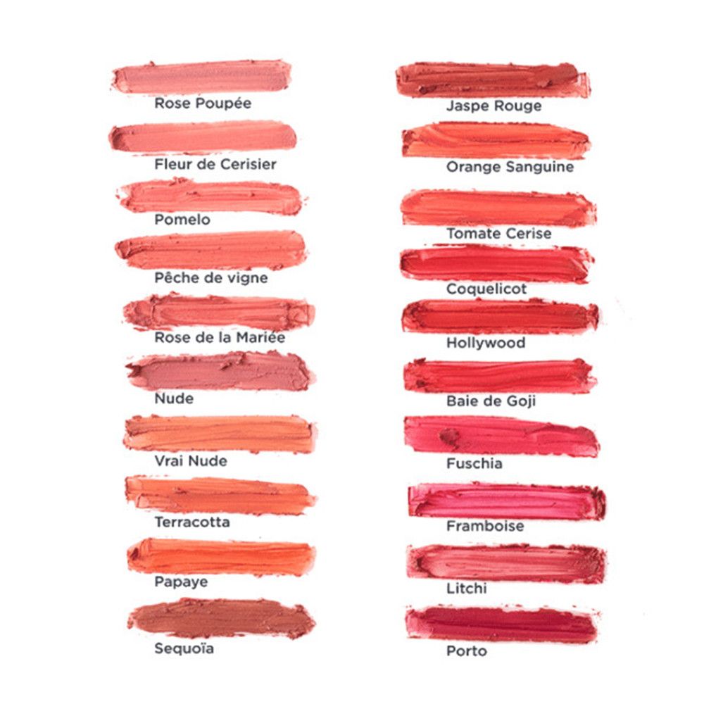 Palette de couleurs avec 20 couleurs de rouge à lèvres. Chaque couleur est représentée par une trace. Les noms des couleurs sont indiqués.