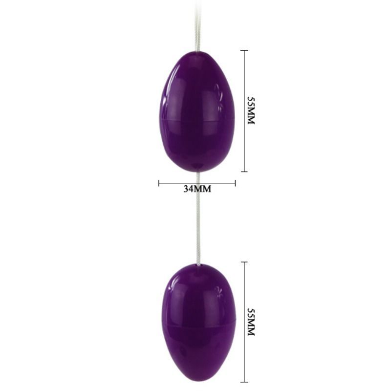 Deux boules d'œufs violettes avec dimensions : 55mm de long, 34mm de large.