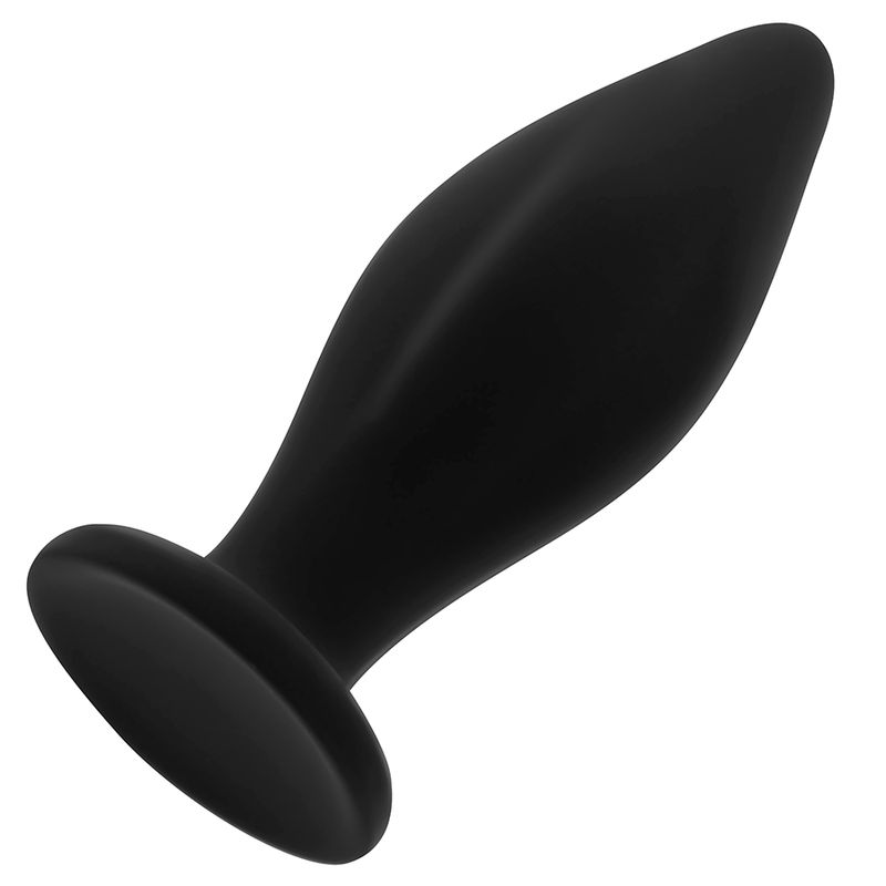 Bouchon anal en silicone noir, vu de côté en biais, avec une base plate.