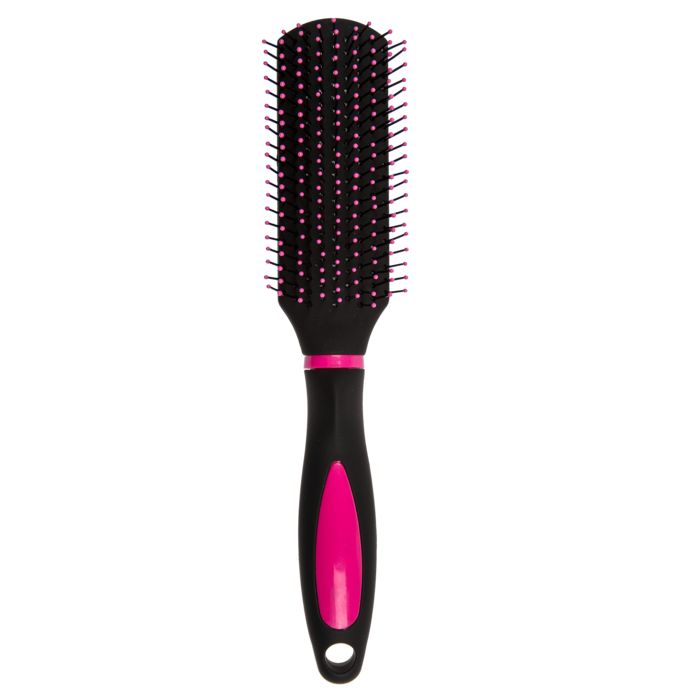 Brosse à cheveux rectangulaire avec manche noir et accent rose. Tête de brosse noire avec poils roses.
