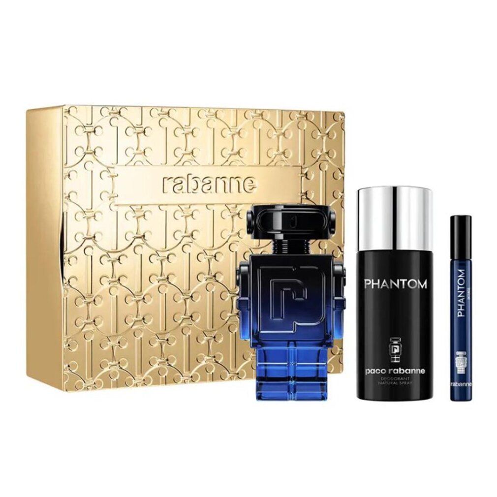Geschenkset met gouden doos, fles, deodorant en roll-on. Robotvormige fles, blauw. Deodorant en roll-on met "Phantom" opschrift.
