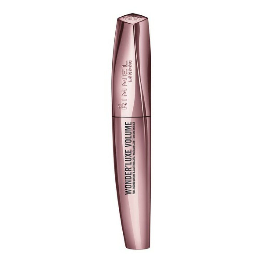 Mascara Rimmel London Wonder'Luxe Volume. Étui rose, brosse noire. Fermé.