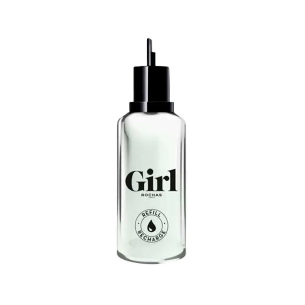 Girl Eau de Toilette. Verre blanc, bouchon noir. Texte : Girl, Rochas, Refill Recharge. Forme ronde, bouchon noir.
