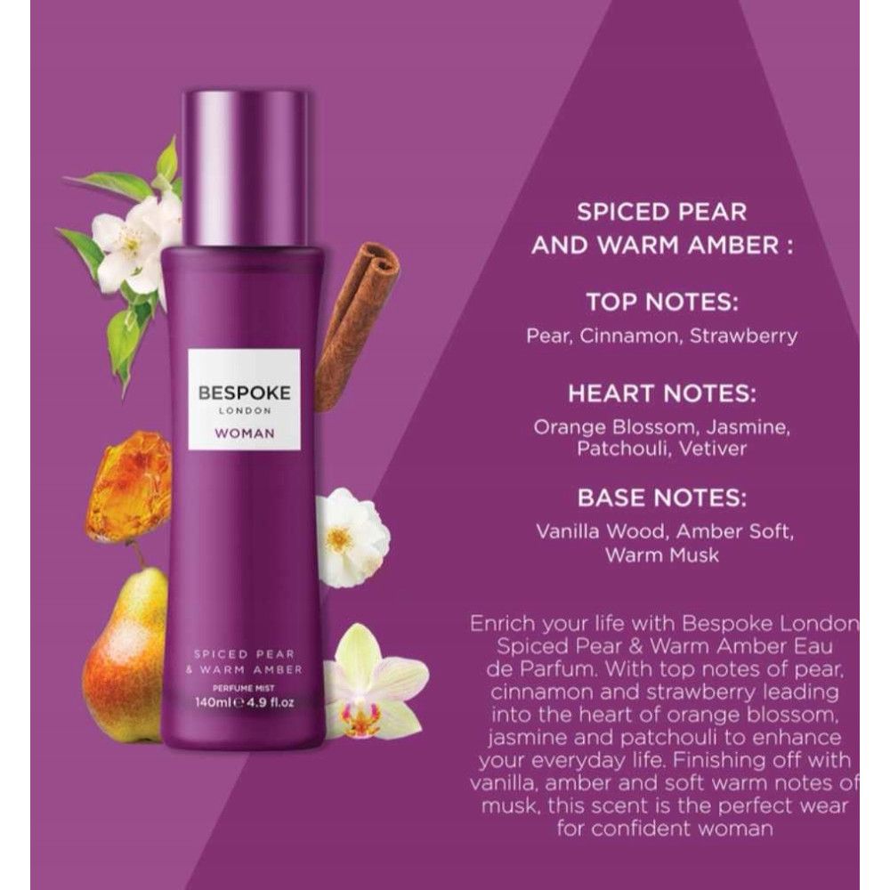 Flacon violet avec vaporisateur. Étiquette "Bespoke London" et "Woman". Texte : "Spiced Pear & Warm Amber".