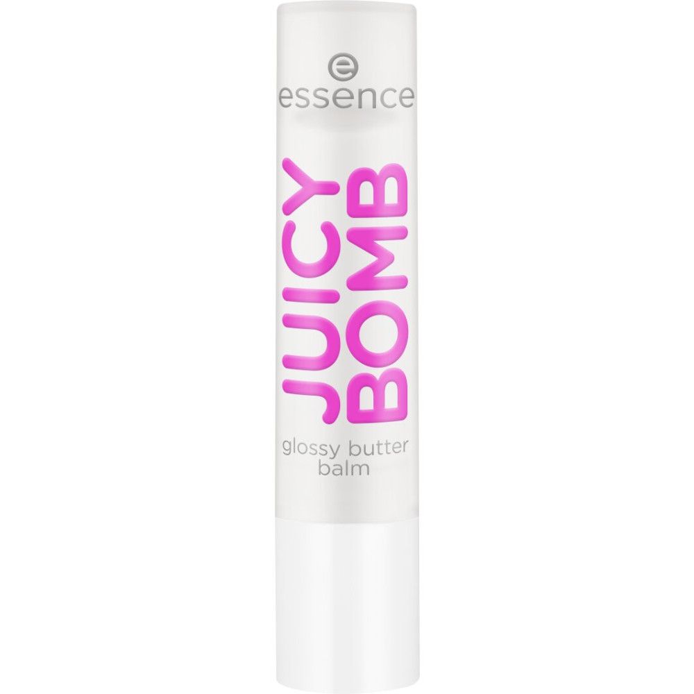 Bâton de baume à lèvres blanc avec l'inscription rose "JUICY BOMB" et "glossy butter balm" et le logo Essence.