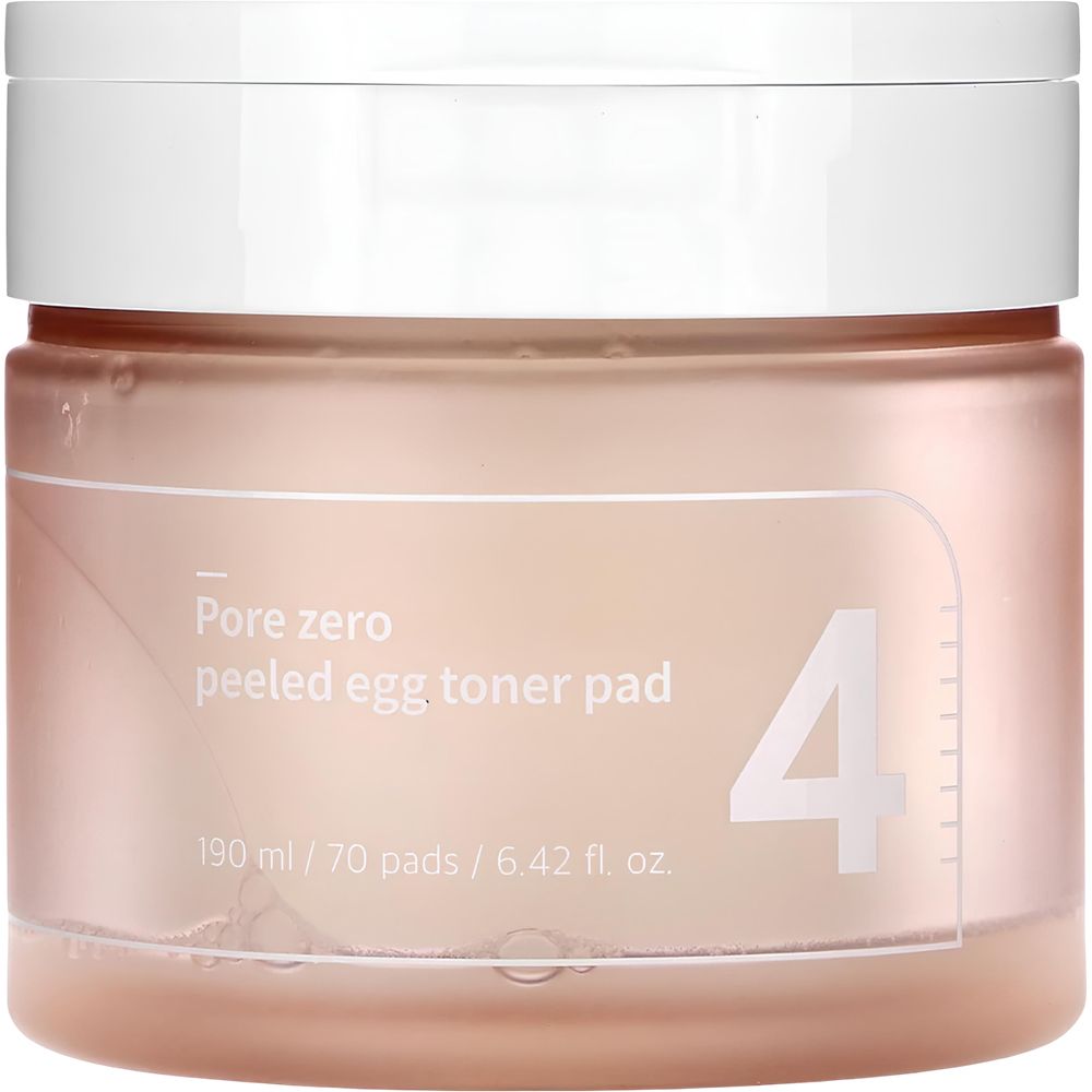 Roze pot met witte deksel. Opschrift 'Pore zero peeled egg toner pad' en '4'.