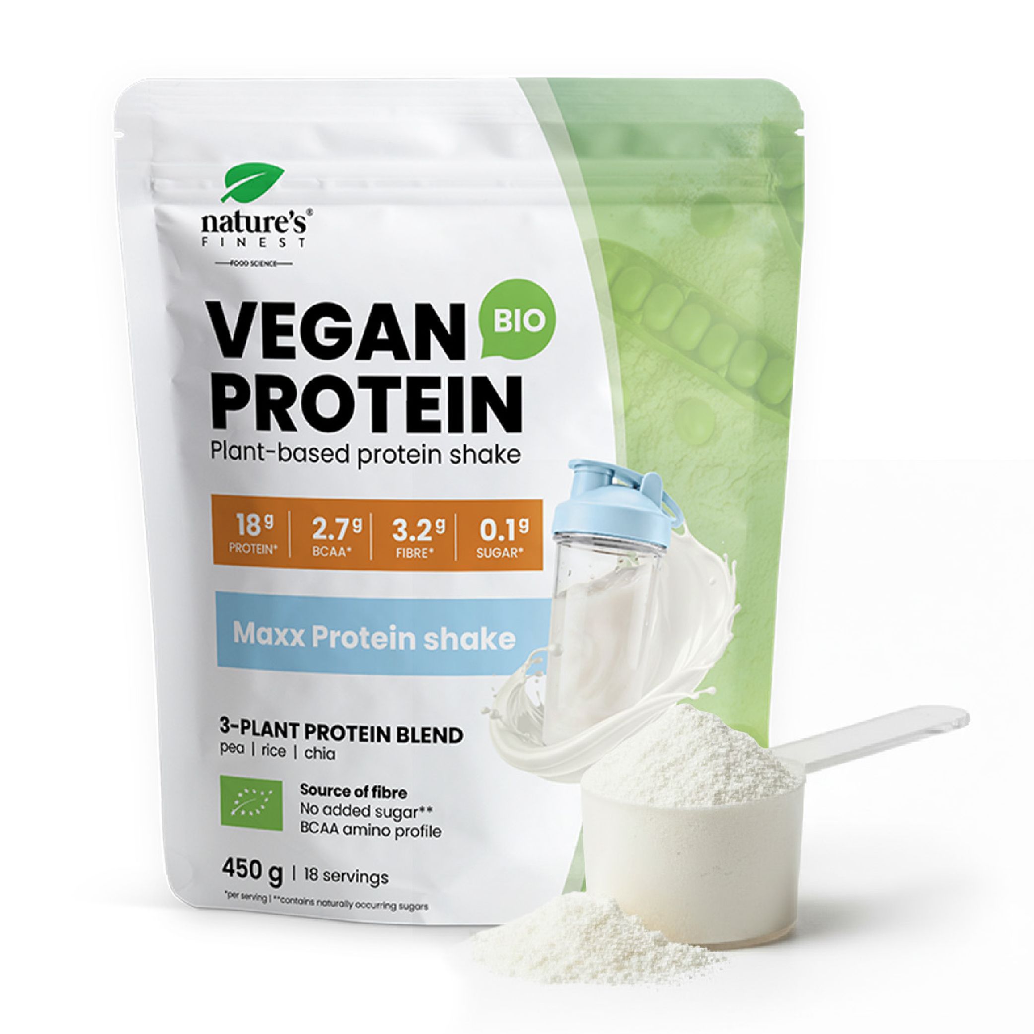 Zak Nature's Finest Vegan Bio Maxx Protein Shake, schepje poeder, shaker.