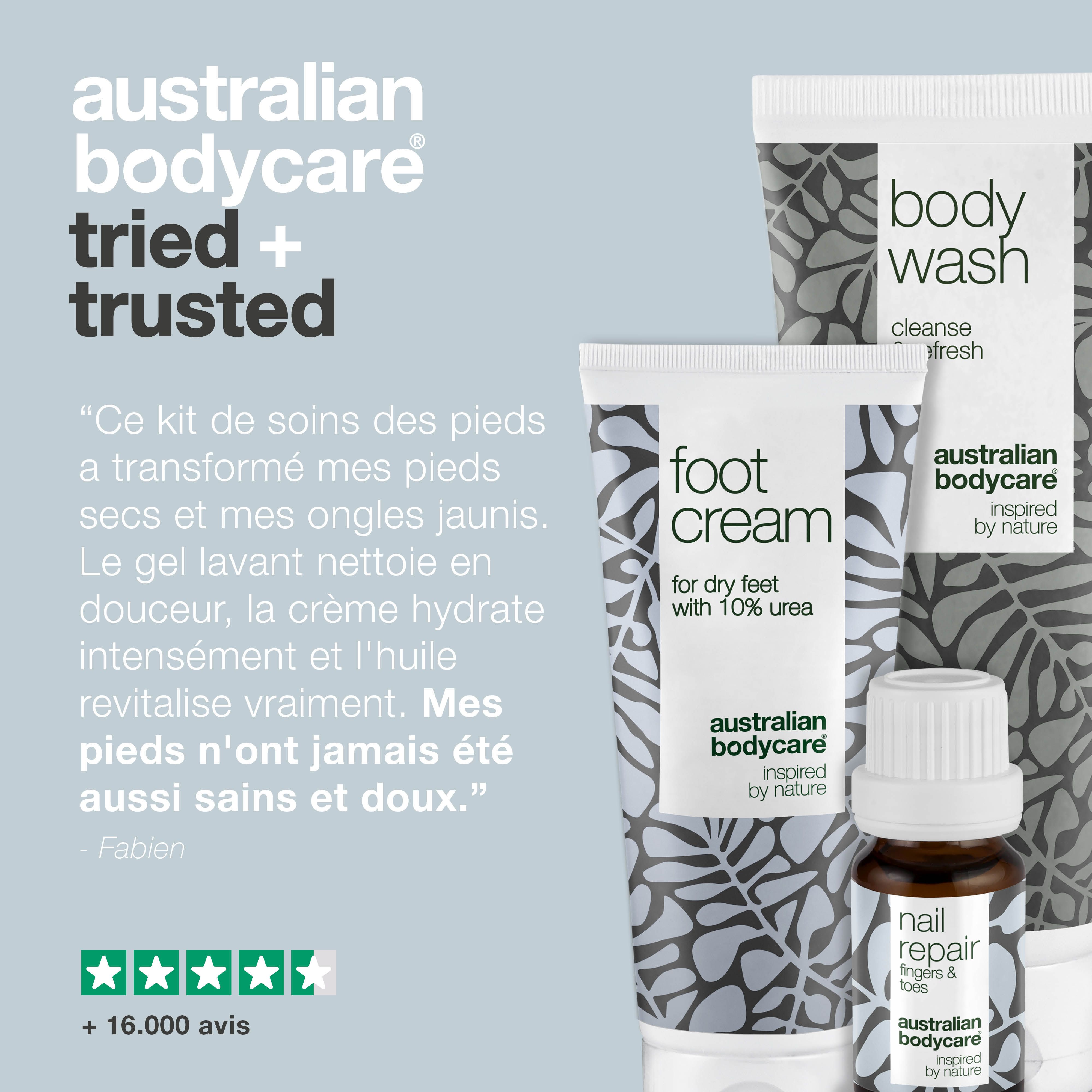Crème pour les pieds, gel douche et huile réparatrice pour les ongles. Texte : Testé et approuvé. +16 000 avis.