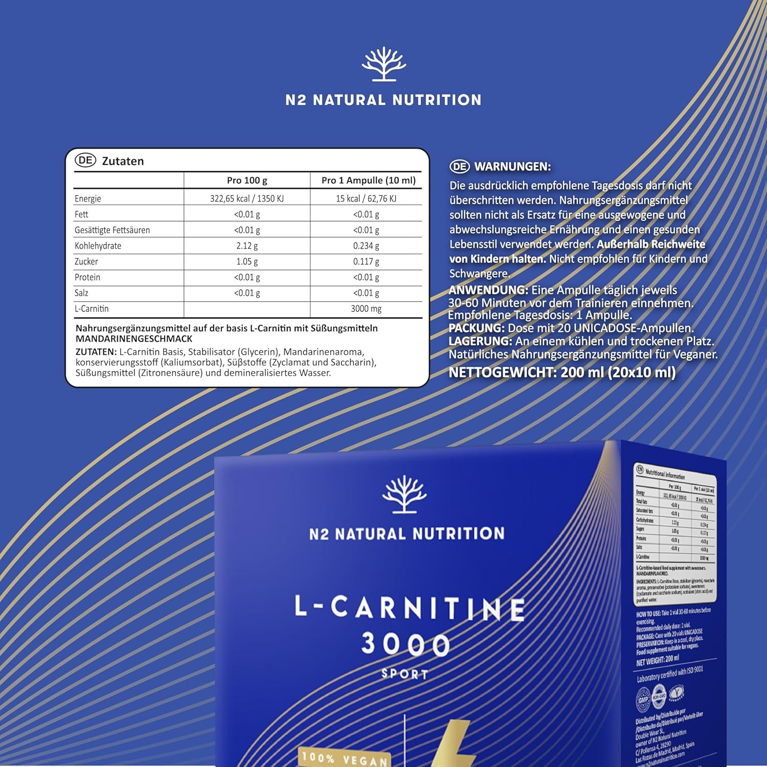 Voedingstabel en waarschuwingen. N2 Natural Nutrition L-Carnitine 3000. Ingrediënten: L-Carnitine, mandarijnsmaak, zoetstof, water. 20x10ml.