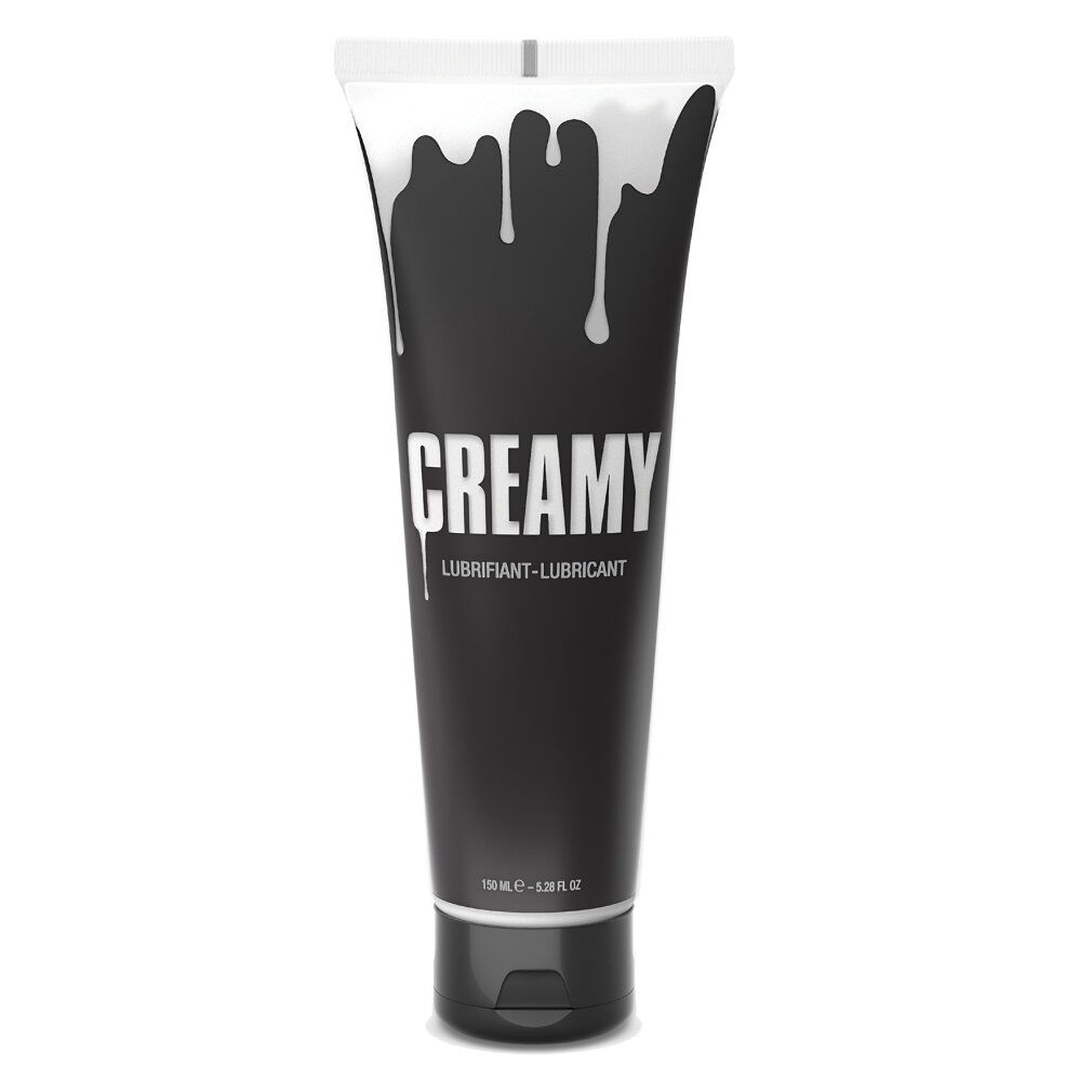 Tube noir avec un design blanc dégoulinant et l'inscription "CREAMY LUBRIFIANT-LUBRICANT".