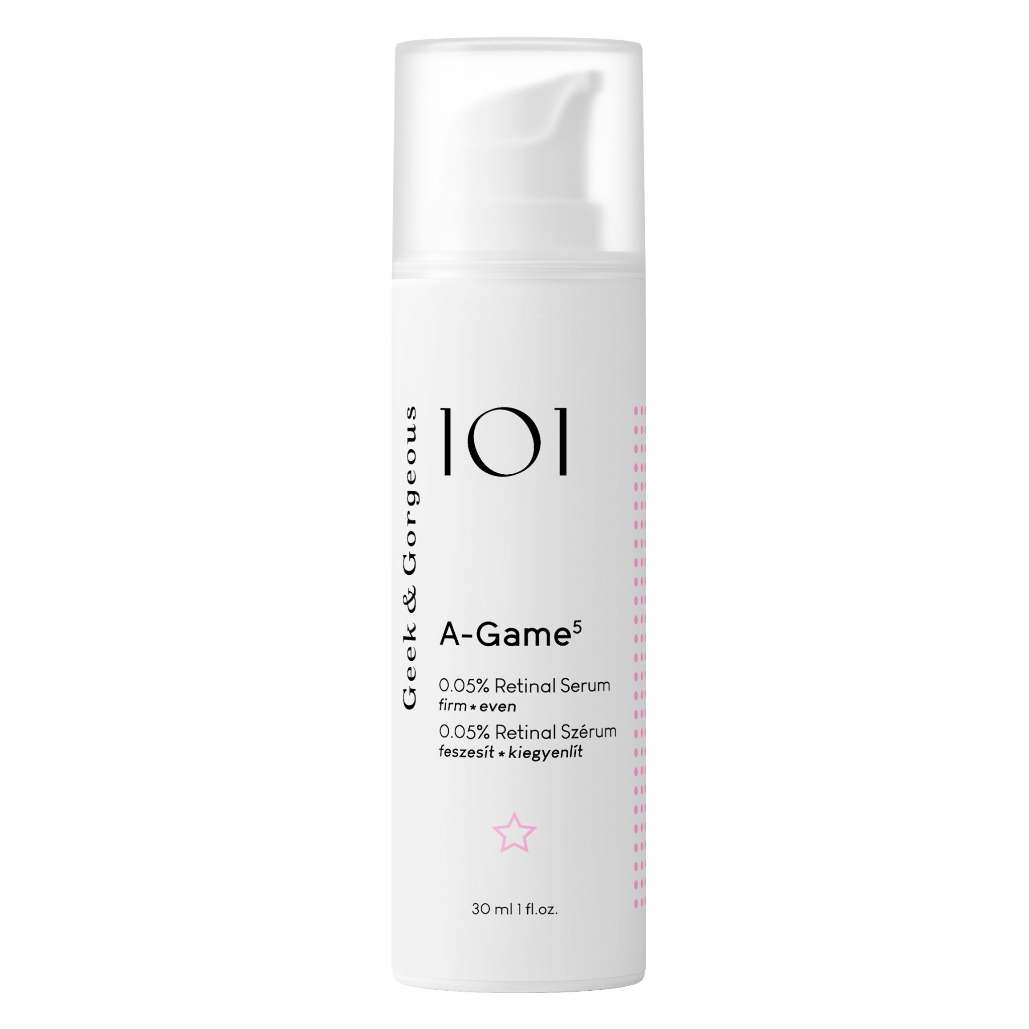 Witte fles met pomp. Opschrift: Geek & Gorgeous, A-Game 5, 0,05% Retinol Serum. Volume: 30 ml.