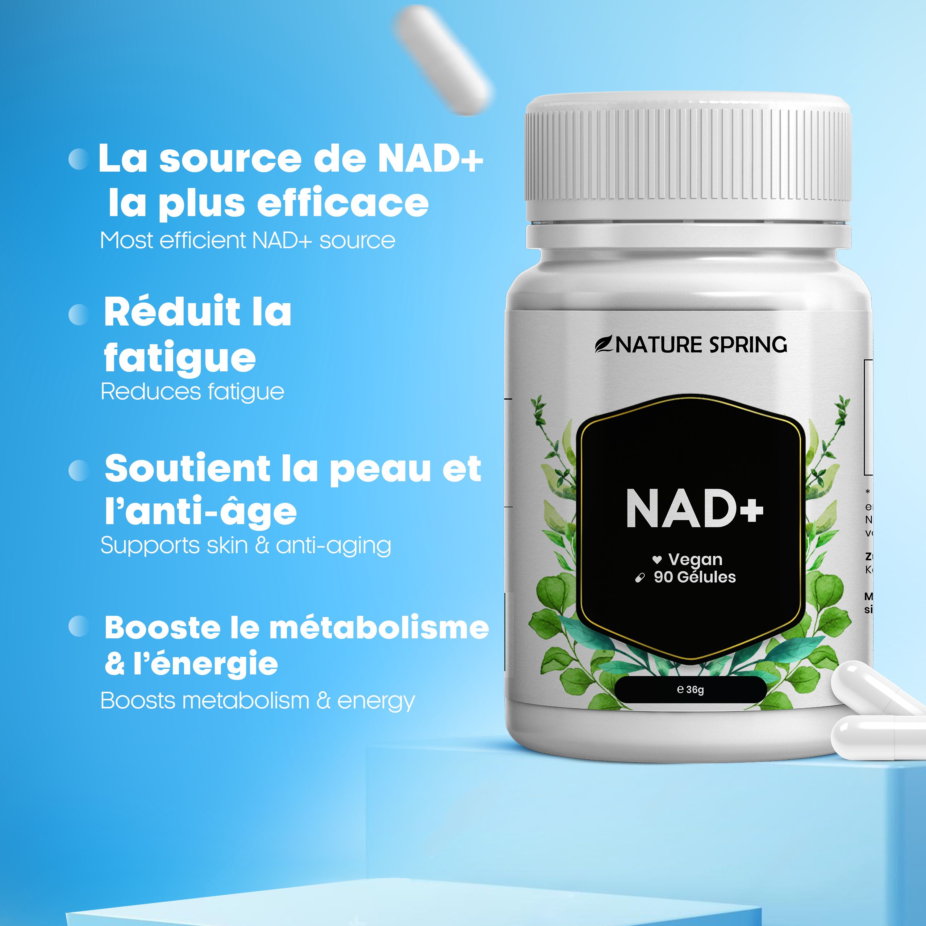 Gélules NAD+ NATURE SPRING : Source de NAD+ efficace, réduit la fatigue, soutient la peau et l'anti-âge.