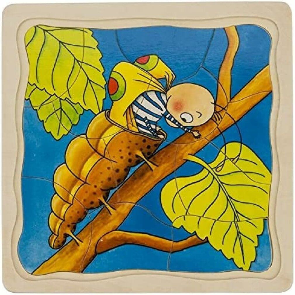 Houten puzzel met gekleurde illustratie. Motief: rups en kind op tak. Puzzelstukjes in houten frame. Bladeren en blauwe achtergrond.