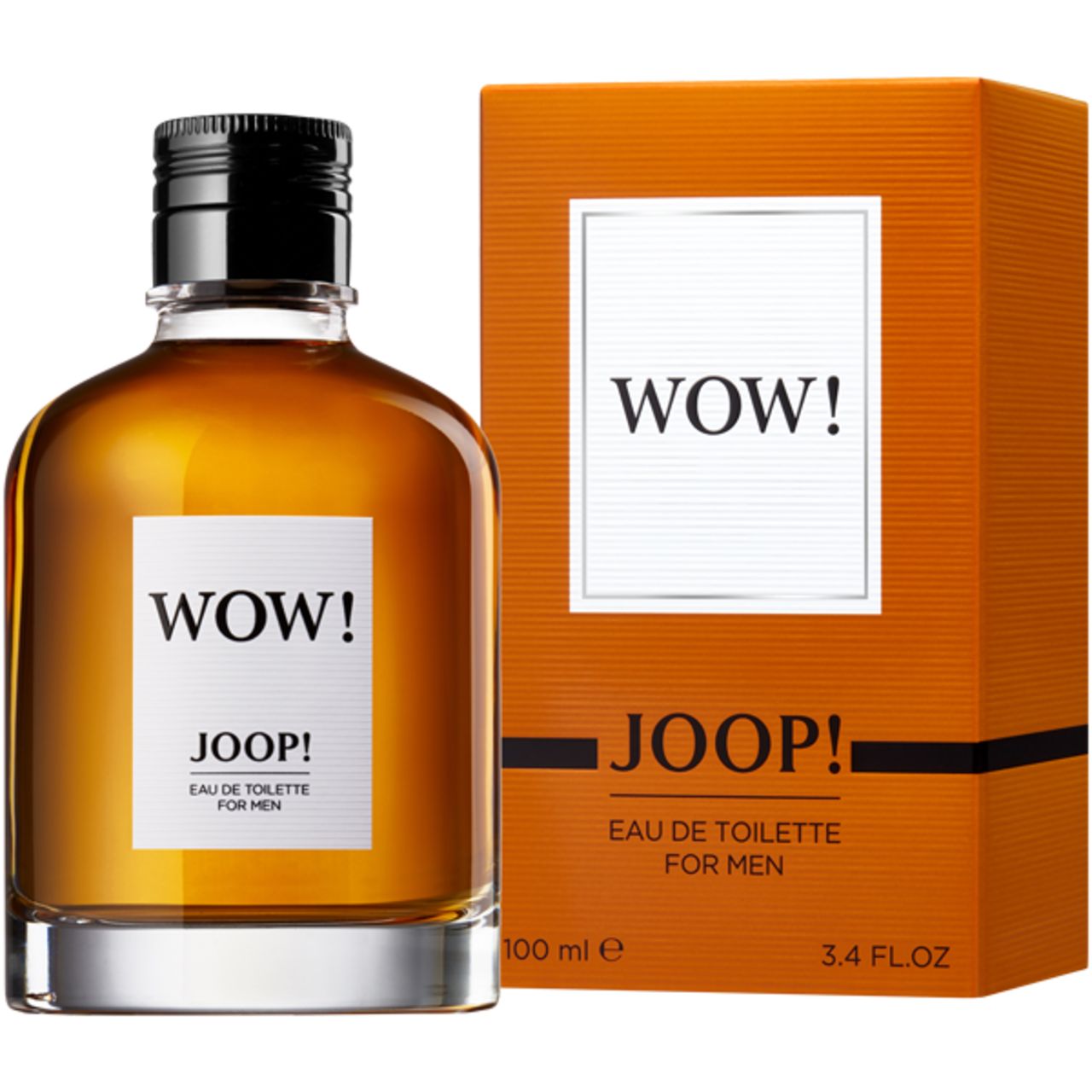 Joop Wow Eau de Toilette pour homme. Flacon et emballage. Boîte orange avec WOW! et JOOP! 100 ml.