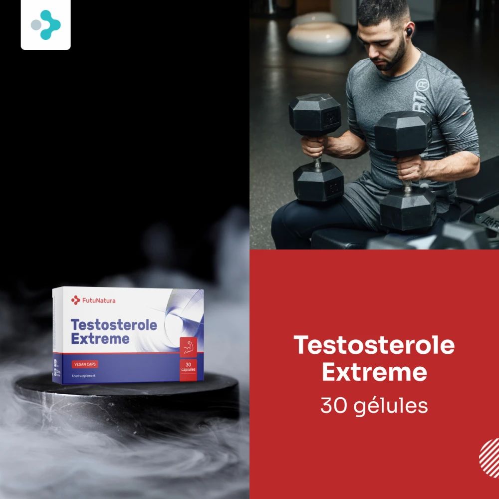 FutuNatura Testosterole Extreme, 30 gélules. Emballage du produit sur socle, homme s'entraînant avec des haltères. Fond : noir et rouge.