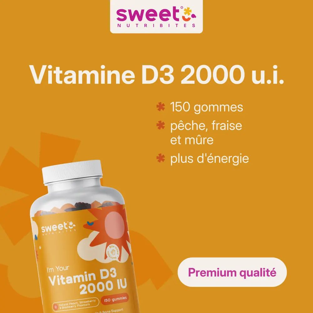 Flacon Sweet Nutribites Vitamine D3 2000 UI. Texte : 150 gommes, pêche, fraise et mûre, plus d'énergie, Premium qualité.