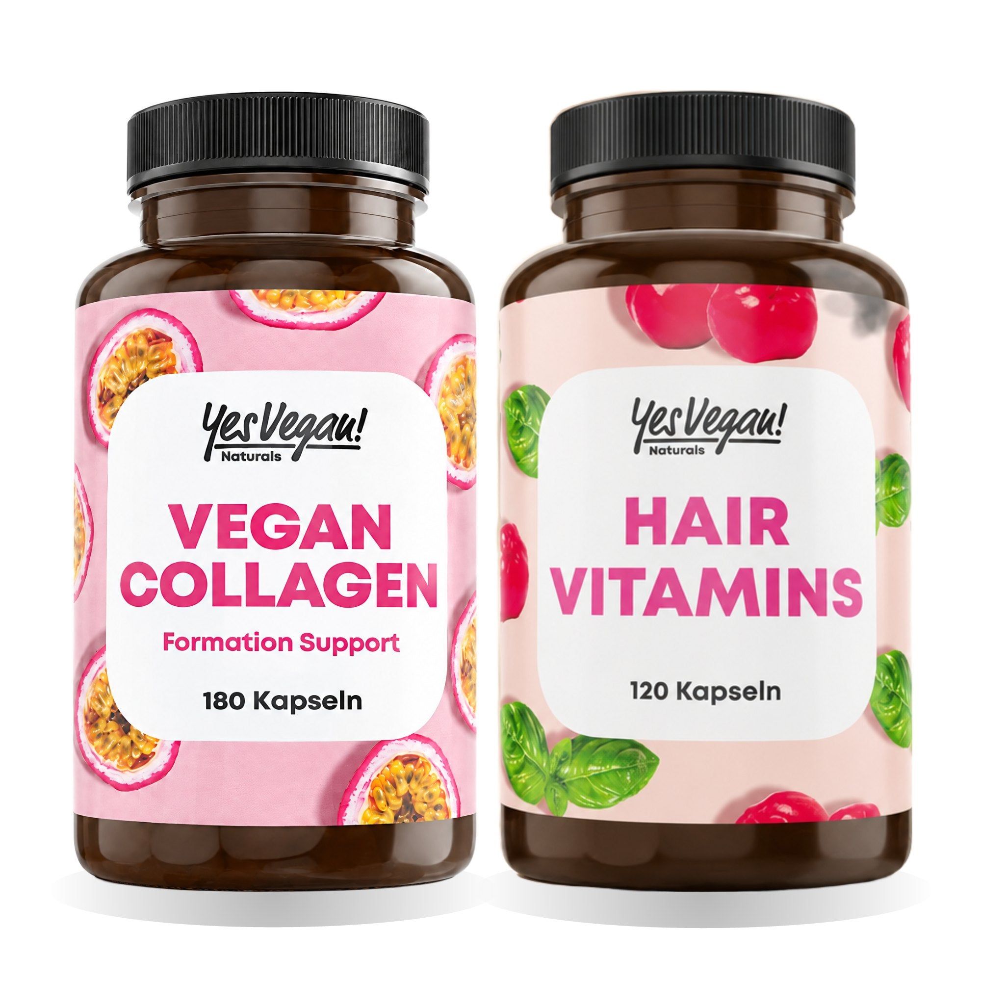 YesVegan! Gélules de collagène végétalien et gélules de vitamines capillaires.