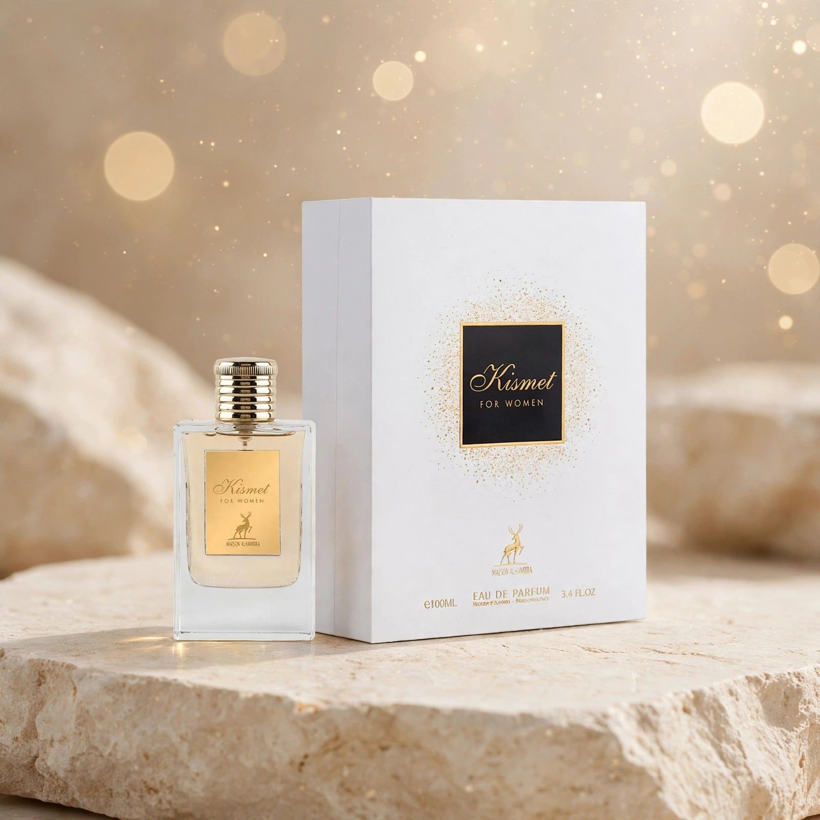 Flacon de parfum "Kismet for Women" par JAY PARFUMS, 100ml, à côté de sa boîte.