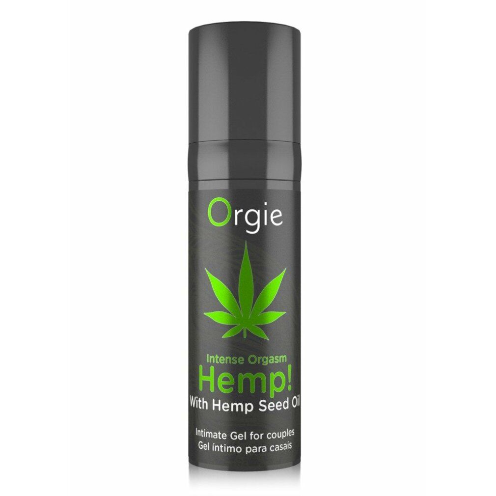Flacon gris foncé avec étiquette verte. Texte : Orgie, Intense Orgasm Hemp!, symbole feuille de chanvre. Gel intime pour couples.