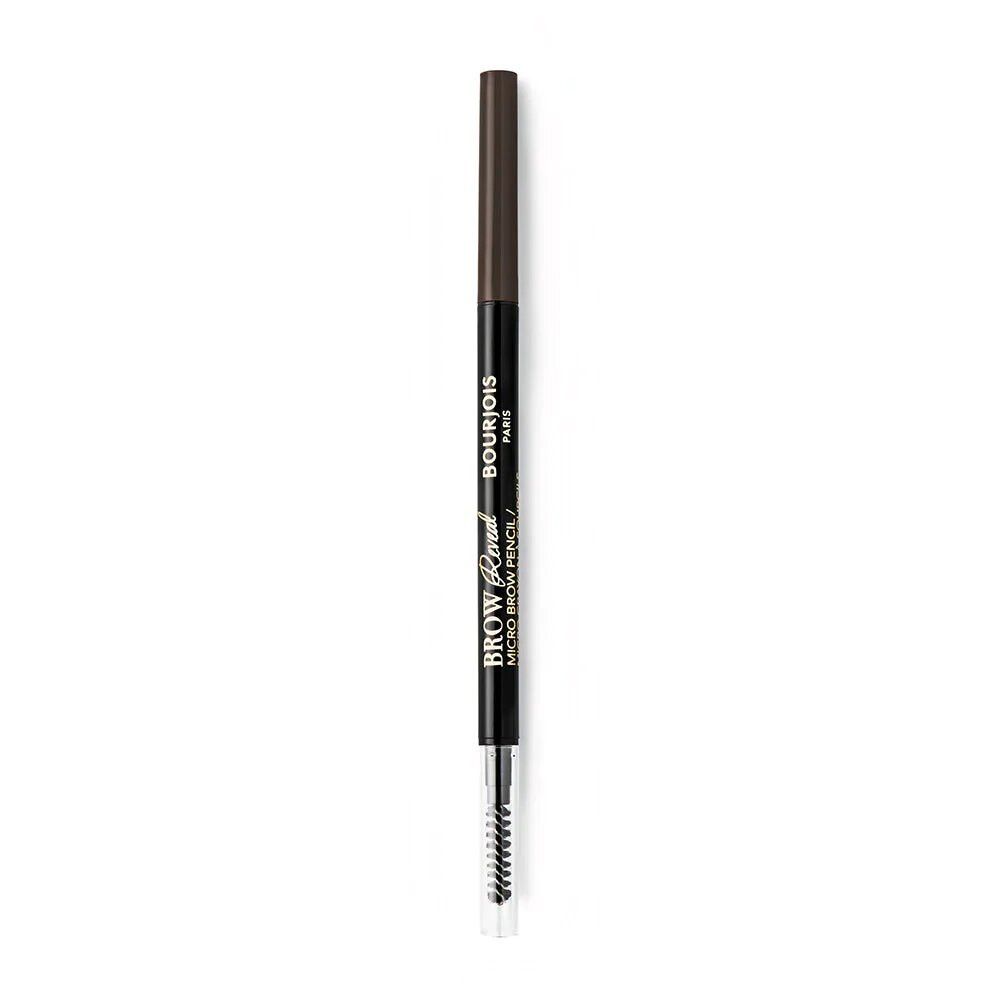 Wenkbrauwpotlood met borstel. Zwarte potlood, bruin potlood. Opschrift: Bourjois Paris, Brow Reveal Micro Brow Pencil.