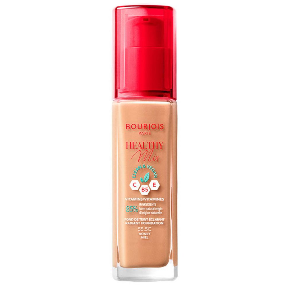 Foundationfles met rode dop. Opschrift: Bourjois Healthy Mix. Tint 55.5C Honey.