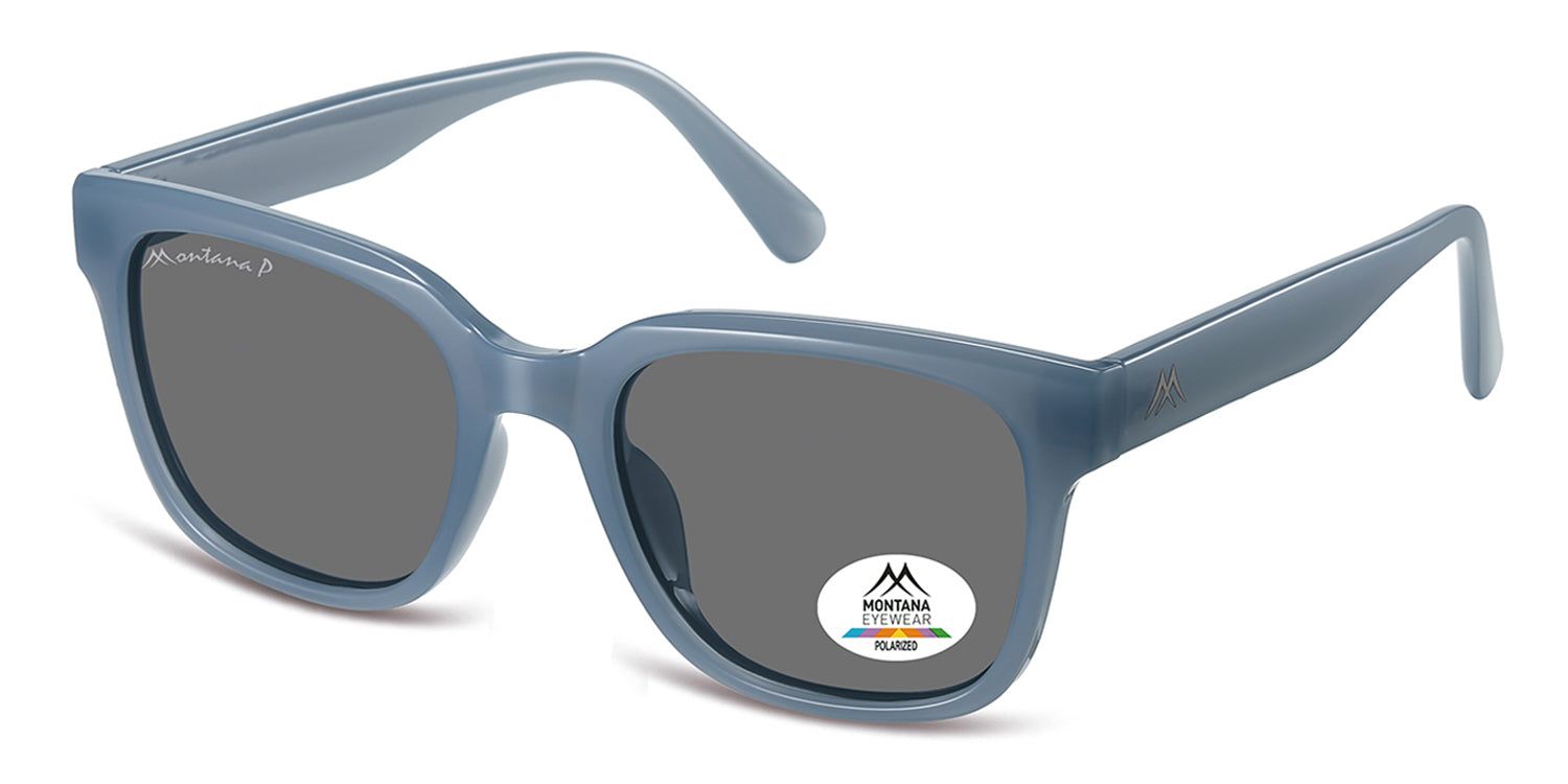 Lunettes de soleil bleues avec verres gris. Logo Montana Eyewear sur la branche et le verre. Polarisées.