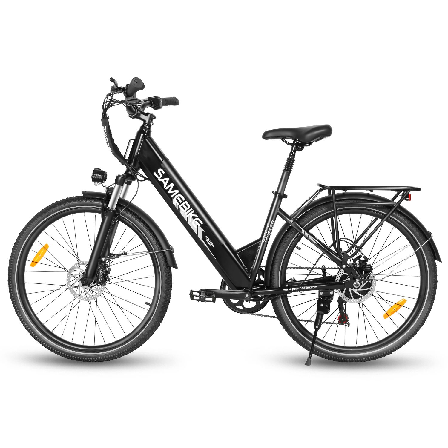 Zwarte SAMEBIKE RS-A01 Pro-T e-bike. Bagagedrager, spatborden, koplamp en achterlicht.