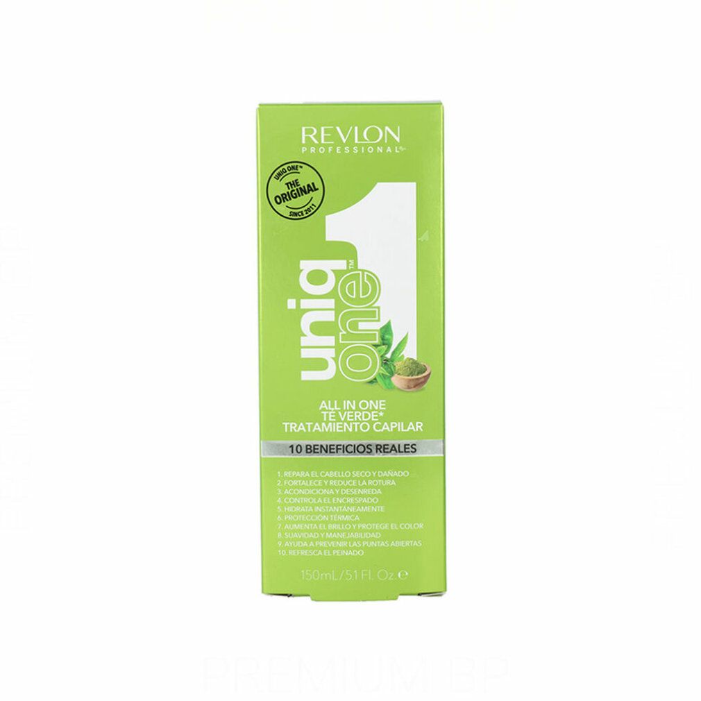 Emballage vert avec inscription : Uniq One, Revlon Professional, All in One Te Verde Tratamiento Capilar, 10 Beneficios Reales. Avec logo.