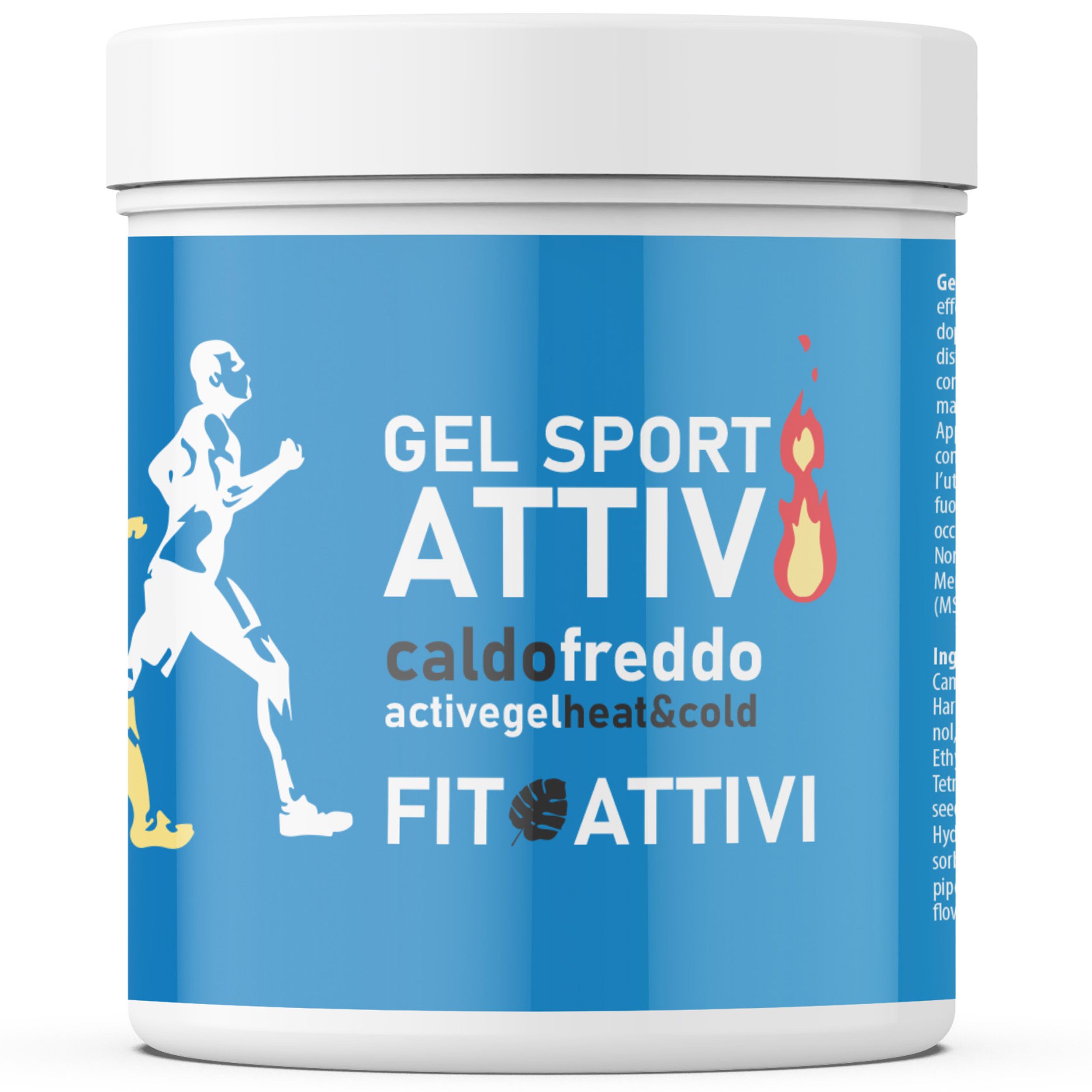 Pot de produit avec texte: Gel Sport Attiv, caldo freddo, activegel heat & cold, Fit Attivi. Illustration d'une personne en train de courir.