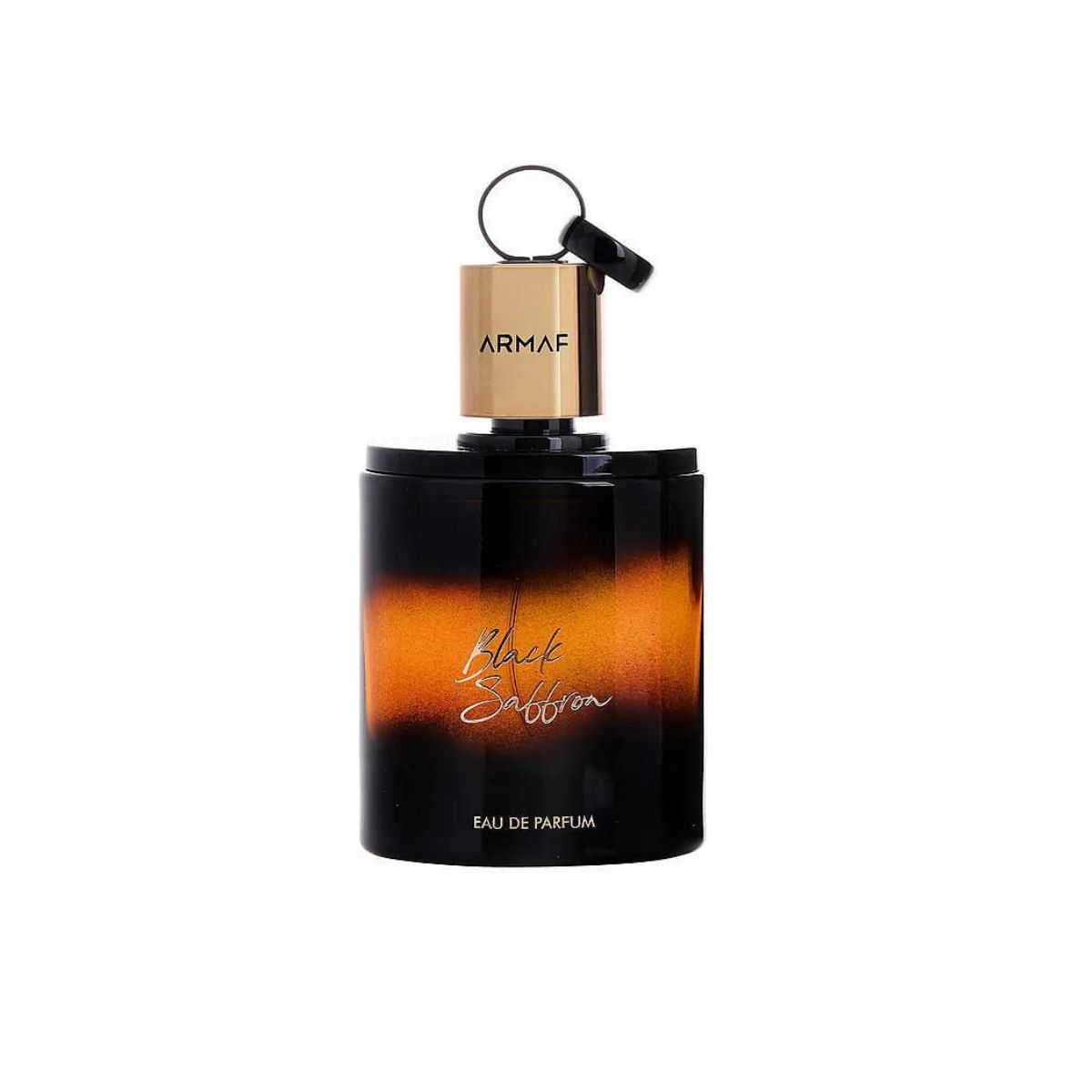 Flacon de parfum noir avec bouchon doré. Inscription "Black Saffron" et "Eau de Parfum".