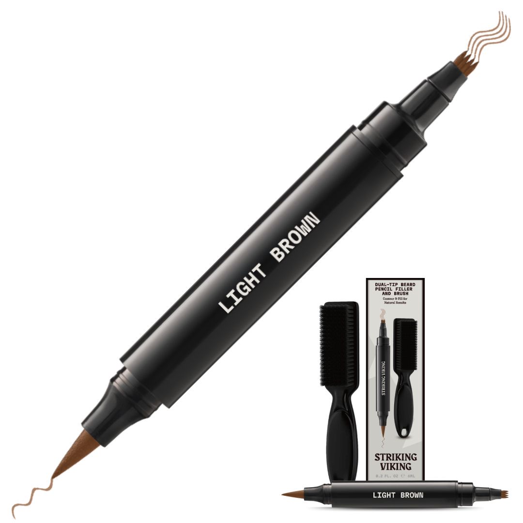 Stylo double embout pour barbe, brun clair, avec applicateur et brosse.