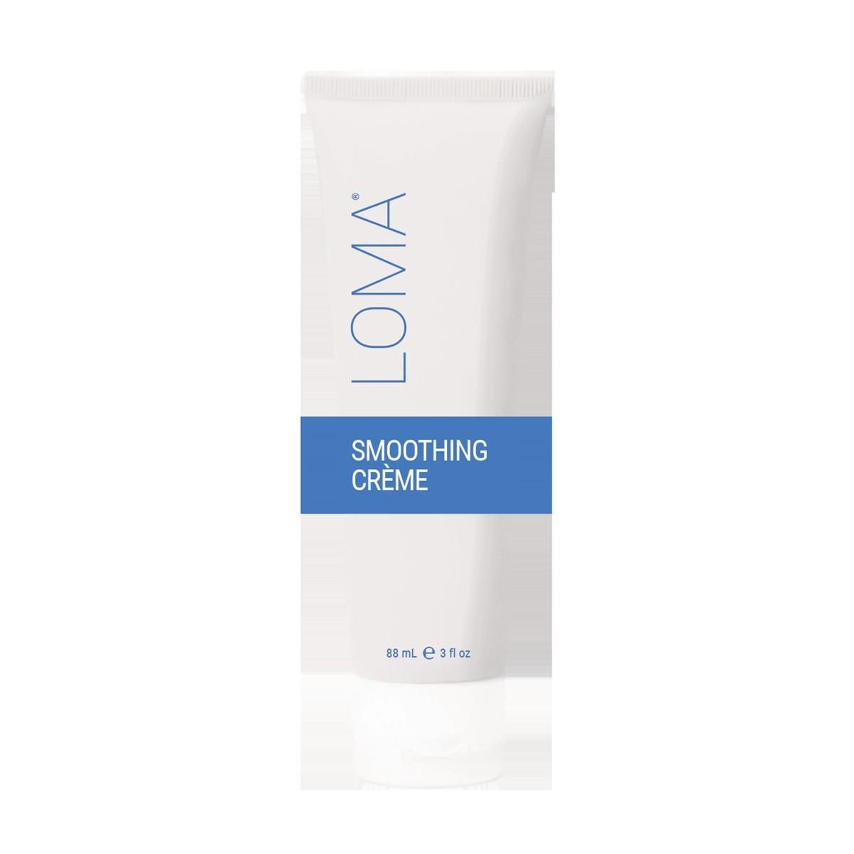 Tube LOMA Smoothing Crème. Blanc avec bande bleue. Texte: LOMA, Smoothing Crème, 88 ml e 3 fl oz.