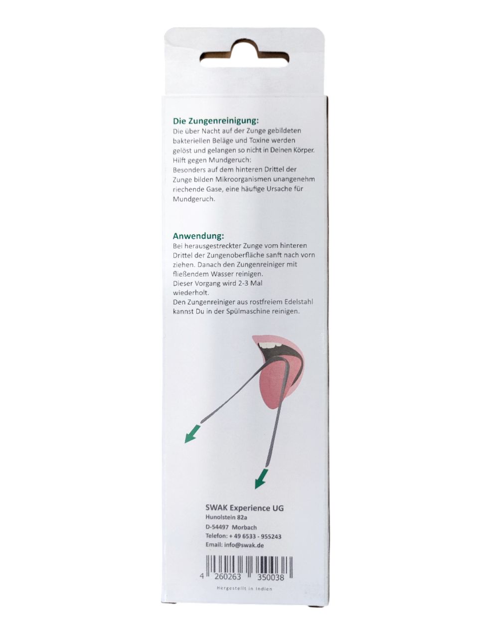 Dos de l'emballage. Texte en allemand. Illustration : langue avec nettoyeur de langue.