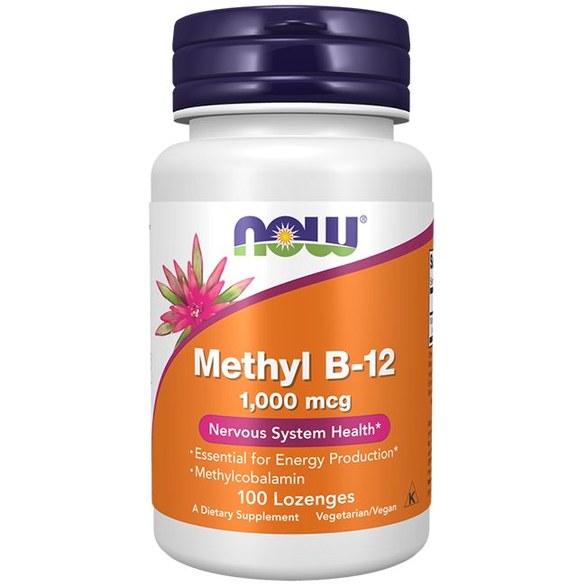 Witte fles met paarse dop. Oranje etiket met tekst: Methyl B-12, 1.000 mcg, 100 zuigtabletten. Logo: NOW.