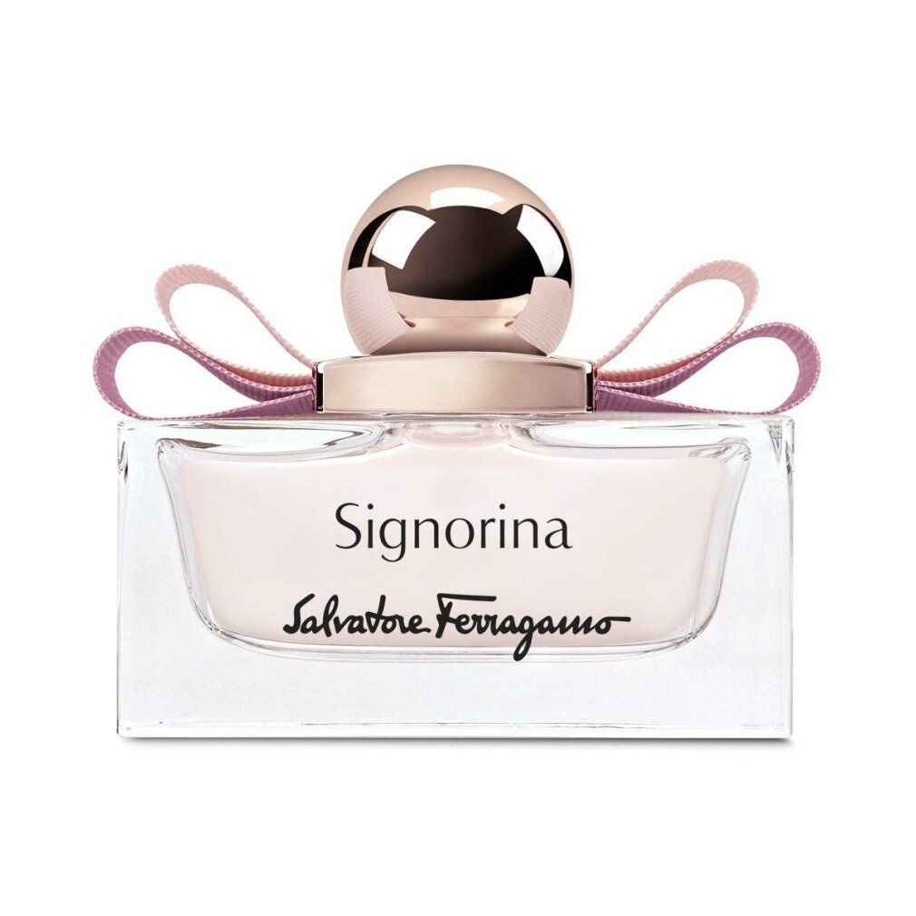 Signorina Eau de Parfum Spray. Rechthoekige glazen fles met roze vloeistof, roze strik en gouden dop. Salvatore Ferragamo.
